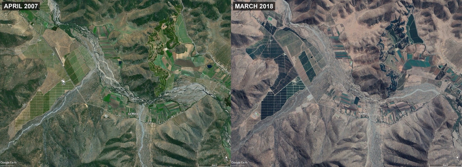 Satellite images of La Mora, Petorca, in April 2007 and March 2018: green hills in 2007, dry brown hills and dark blocks of irrigated orchards in 2018.